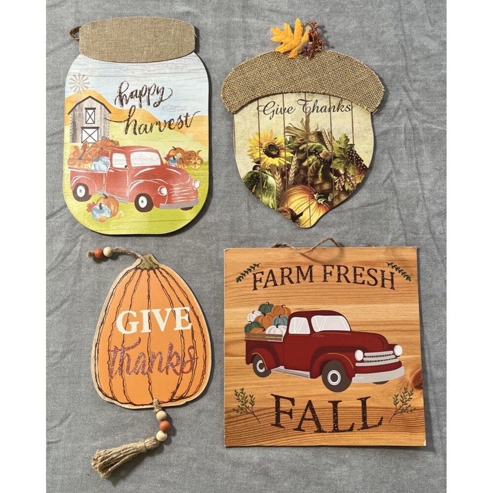 4 Fall Wall Hangings Farm Fresh Harvest Red Truck Pumpkins Thanksgiving